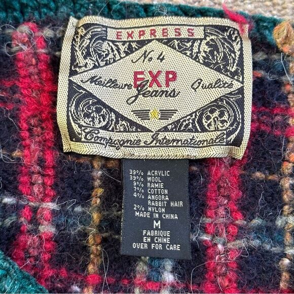 Vtg 90s Y2K Express Chunky Cardi Sweater Patchwork Wool Angora Blend Sz M Boho - Picture 3 of 11